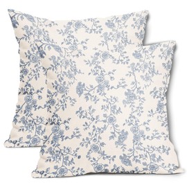 French Blue Floral Pillow Covers 18x18 Inch Set of 2 Toile Cottage Flower Farmhouse Cotton Linen Decorative Throw Pillow Case Vintage Pillow Cushion Covers for Bedroom Sofa Living Room Chair
