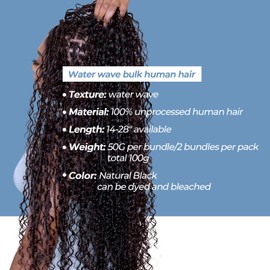 Human Braiding Hair for Boho Braids 22 Inch 2 Bundles 100g Boho Hair for Braiding Water Wave Bulk Human Boho Hair for Braiding Curly Human Hair for Boho Knotless Braids (Natural color, 22inch)