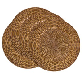 Fennco Styles Rustic Woven Look Faux Rattan Charger Plates 13" Round, Set of 4 – Brown Table Charger for Dining Table, Wedding, Holiday and Event Décor