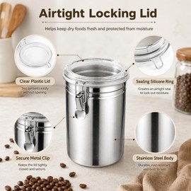 COSYOO 3 PCS Stainless Steel Canister Set, 62 oz Airtight Metal Kitchen Food Storage Containers with Clear Clamp Lids, Coffee Bean Tea Sugar Flour Canister Set for Kitchen Pantry Counter Shelf