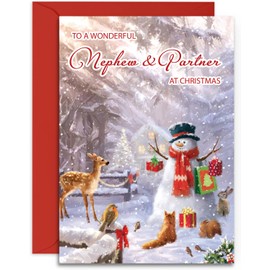 Nephew & Partner Christmas Card - Forest Friends - Medium Sized Card (A5 Size -148mm x 210mm) with Envelope