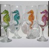 4 Multi Colored Seahorse Hand Painted Stemmed Wine Glasses Set