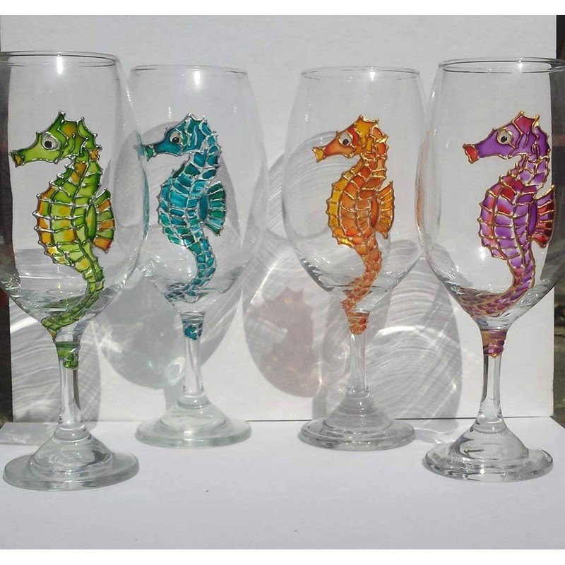 4 Multi Colored Seahorse Hand Painted Stemmed Wine Glasses Set