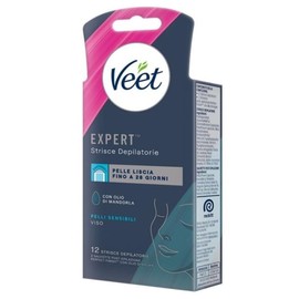 Veet Expert Strisce Depilatorie Viso, Ceretta per Pelli Sensibili con Olio di Mandorla, Dermatologicamente Testate, 12 Strisce (6x2 Strisce) + 2 Salviette Post-Epilazione con Olio D'Argan