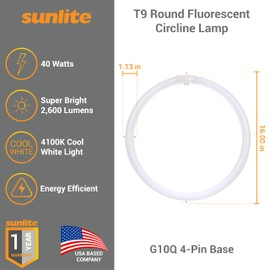 Sunlite 05021 FC16T9/CW T9 Round Fluorescent Circline Lamp, 40 Watts, 2600 Lumens, 4100K Cool White, RoHS Compliant, G10Q 4-Pin Base, 1 Pack