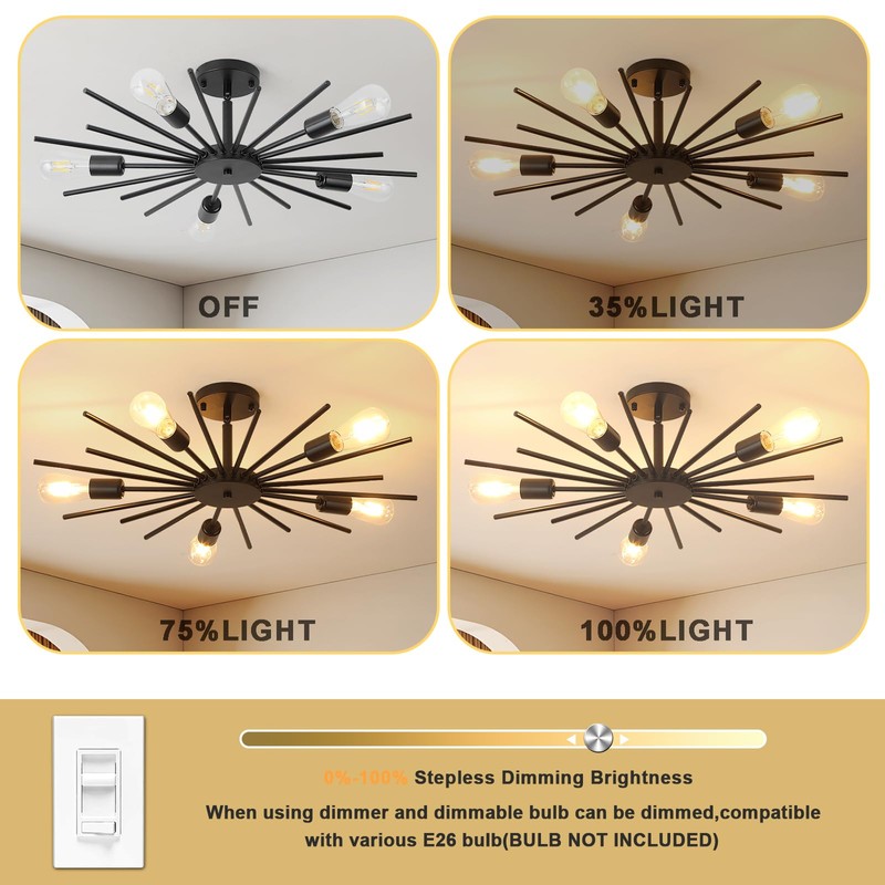 Karjearl Black Semi Flush Mount Ceiling Light, 27.5 Inch 5-Light