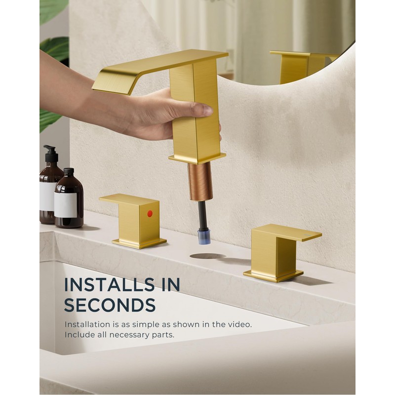 FORIOUS Bathroom Faucets, Brushed Gold Bathroom Faucet 3 Hole, Waterfall