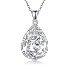 URONE Tree of Life Birthstone Necklace 925 Sterling Silver April Birthstone Tree of Life Pendant Necklace Tree of Life Jewellery Birthday Gifts for Women, No Gemstone