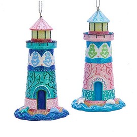 Kurt Adler Pink and Blue Ocean Fantasy Lighthouses Christmas Holiday Ornaments Set of 2
