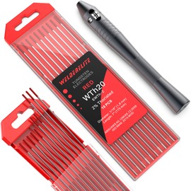 WelderElite TIG Wire Feeder Pen with 1/16'' × 7'' Red Thoriated Tungsten Electrodes (10 Pack) for DC TIG Welding | Contains 2% Thorium for Enhanced Arc Stability | Ideal for Steel and Stainless Steel