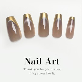 Gold French Tip Press on Nails Medium Coffin Fake Nails Glossy Brown Acrylic Nails Shiny Glitter False Nails Full Cover Square Glue on Nails for Women Manicure 24Pcs
