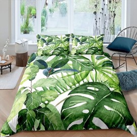 Palm Leaf Bed Cover Green Tropical Leaves Pattern Bedding Set Chic Watercolor Design Duvet Cover for Children Kids Boys Girls Botanical Leaf Branches Bedspread Cover Room Decor Single Size