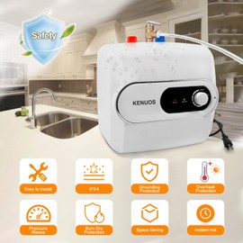 KENUOS 4 Gallon Water Heater Under Sink Instant Hot Water Heaters 1500W 110V 120V Mini Tank,Under Counter Water Heater with Safety Vavle 1/2" NPT for Kitchen,Bathroom,Camper,RV, White