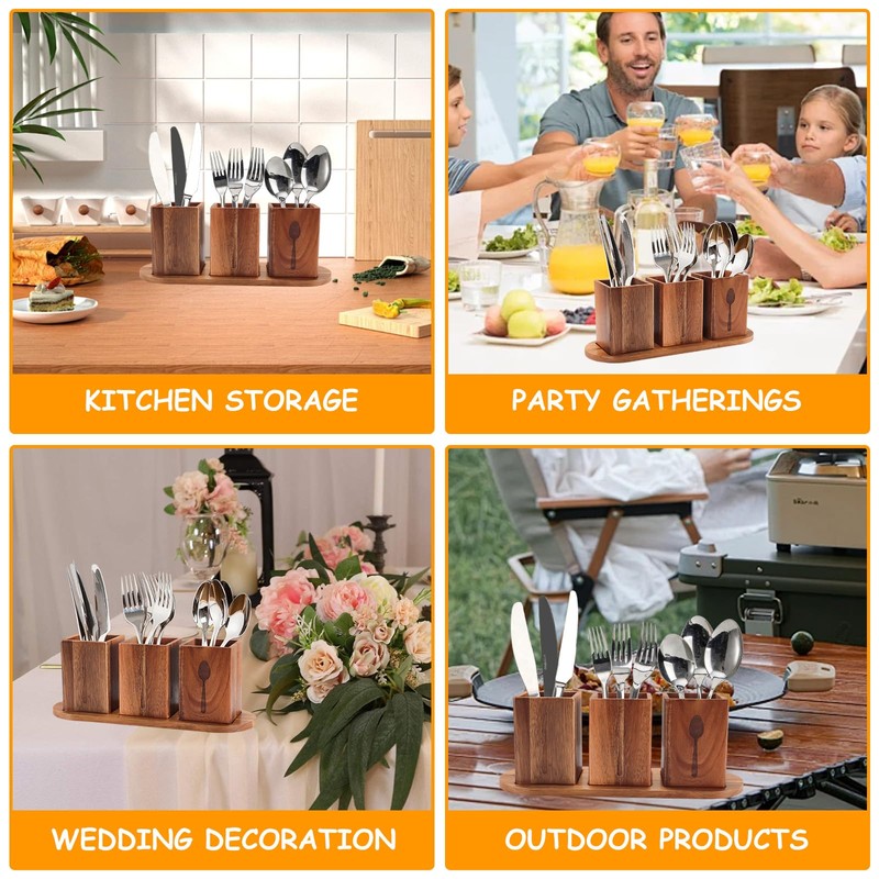 Qivine Acacia Wood Utensil Holder, Wooden Silverware Holder Countertop Utensil