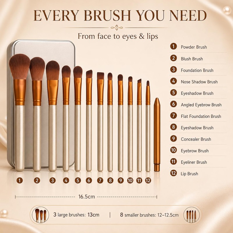 Glamza 12-Piece Make-up Brushes Set with Metal Case, Gold and