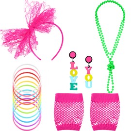 80s Fancy Dress Costume Accessories Lace Headband Earrings Fishnet Gloves Necklace Bracelet for 80s Retro Party (Colorful)