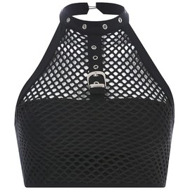 Women Girl Halter Neck Crop Top Metal Buckle Punk Gothic Choker Camisole Black Mesh Nightclub Wear shirt