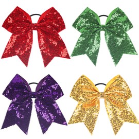 TUUXI 4 Pcs Large Glitter Cheer Hair Bows Sequin Grosgrain Ribbon Ponytail Holder Shiny Elastic Bands Hair Tie for School College Sports Cheerleading Cheerleaders Bows Red Green Purple Gold