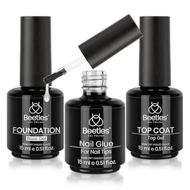 beetles Gel Polish Capa superior y base que no se limpia con pegamento de gel de unas 5 en 1, 3 piezas de 0.5 onzas líquidas, kit de uñas de gel con juego de unas, efecto de brillo de larga duración, lúmpara de luz UV para bricolaje para mujerees y niñas