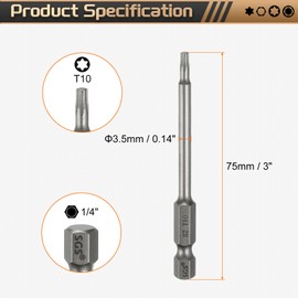 sourcing map 3pcs T10 Torx Head Screwdriver Bit 1/4" Hex Shank 3" (75mm) Long Magnetic No Hole Tip Tamper Proof 6 Point Star Screw Driver Drill Bits S2 Steel Industrial Power Screwdrivers