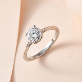 TJC Moissanite Solitaire Ring for Women Ladies in Platinum Plated 925 Sterling Silver Size O Prong Setting Metal Wt. 2.15 Grams.