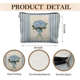 Likjad Blue Hydrangea Makeup Bag, Coquette Bow Floral Cosmetic Bags for Women, Blue Striped Hydrangea Flower Makeup Pouch, Floral Zipper Pouch