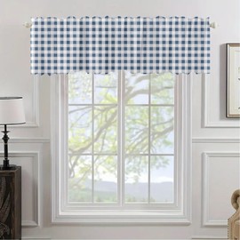 Blue White Check Plaid Pattern Windows Treatment Valances Gingham Kitchen Curtains Rustic Blackout Drapes Topper Panel with Rod Pocket for Bathroom Bedroom Living Room 54x18Inch