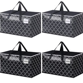 EpicTotes Extra Large Moving Bags, Heavy-Duty Storage Totes with Zipper Top and Sturdy Handles, Moving Supplies for Space Saving and Packing, Collapsible Storage Bags, Black & Gray, 88L, 4-Pack