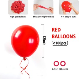 BAUANOOY 100pcs Red Balloons 12 inch, Red Latex Balloons with Red Ribbon for Birthday Baby Shower Valentines Wedding Christmas Party Decorations