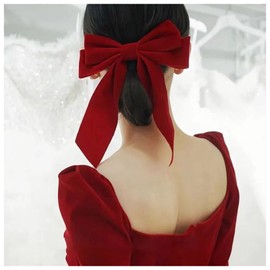 Erimberate Bohemian Velvet Bow Hair Clips Red Ribbon Bows Hair Clip Barrette Long Satin Tie Hair Barrettes Large Red Velvet Bows Hair Clip Bow Winter Decorative Hair Accessories for Women