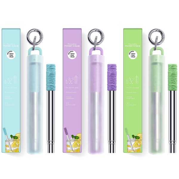 LOIVFET Metal Straws 3 Pack Reusable Collapsible Stainless Steel Straw Portable Telescopic Straws Drinking Easy to Clean with Silicone Tips,Travel Case,Keychain,Cleaner Brush(Green & Blue & Purple)
