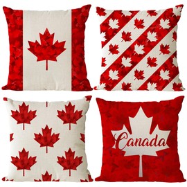Set of 4 Canada Day Pillow Covers 18x18 Canadian Flag Pillow Covers Red White Maple Leaf Pillow Covers Cushion Covers National Day Pillow Cases for Couch Sofa Summer Holiday Home Decoration(18 Inch)