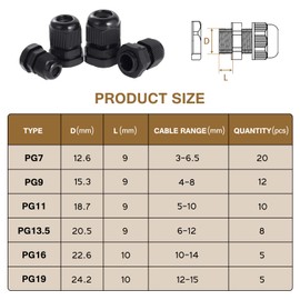 eROOSY 60 Pcs Cable Glands Waterproof PG7 PG9 PG11 PG13.5 PG16 PG19 Adjustable Cable Glands, Nylon Cable Glands for Cables with a Diameter of 3-15mm, Waterproof Nylon Cable Glands