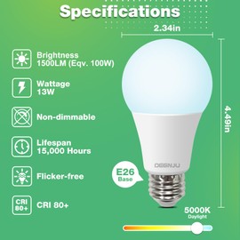 DEGNJU 36 Pack LED Light Bulbs 100 Watt Equivalent, A19 5000K Daylight, 1500 Lumens, E26 Base, Non-Dimmable, 13 Watt Energy Efficient LED Bulbs for Home Lighting