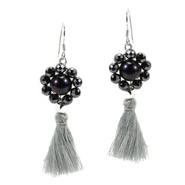 AeraVida Smoky Couture Cultured Freshwater Black Pearl Tassel Drop .925 Sterling Silver Dangle Earrings | Unique Black Floral Inspired Earring for Women | Boho Inspired Accessory
