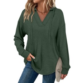 SAMPEEL Womens Tops Lightweight V Neck Hoodies Trendy Fashion Long Sleeve Shirts Green M