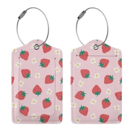 Buyidec 2 Pack Strawberry Flowers Luggage Tags for Suitcases, Leather Baggage Tag with LoopName Id Card Cover Travel Bag Labels Set for Women Men Boys Girls Kids