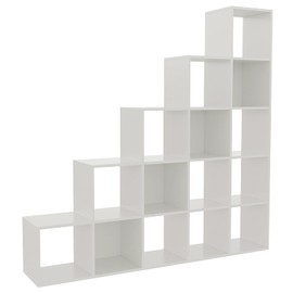 OSCHF Ladder Cube Storage Bookcase - Wooden L-Shaped 5-Tier Corner Shelf, Reversible 15-Cube Organizer for Home & Office, White