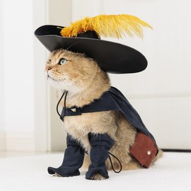 EOILFM Pet Cat Dog Puss in Boot Costume Cosplay Halloween Cute Kitten Puppy Clothes Dress up Pretend Play with Cloak Hat Belt Cape Accessories, Large, Black