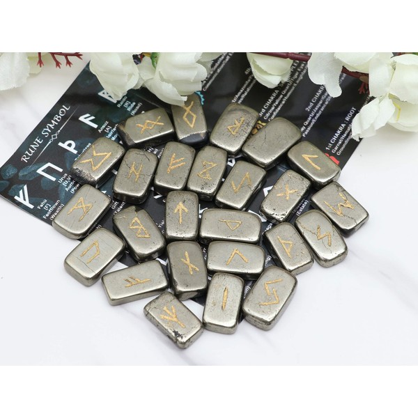 Crocon Golden Pyrite Rectangle Gemstone Runes with Elder Futhark Alphabet Engraved 25 pcs Rune Set Crystal Divination Healing Chakra Ray Kernel Set with a Pouch Size: 20-25mm