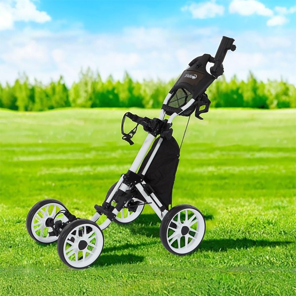 4-Wheel Golf Push Cart, 1 Click-Folding Golf Trolley, Compact Pull