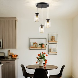 UShe DHome Mason Jar Light Fixtures, 3 Lights Farmhouse Mason Jar Pendant Light, Glass Jar Chandelier Country Adjustable Hanging Ceiling Lighting for Kitchen Dining Room Hallway
