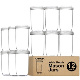 KAMOTA Wide Mouth Mason Jars 22 OZ With Wide Lids and Bands, Ideal for Jam, Pudding, Honey, Wedding Favors, DIY Spice Jars, Shower Favors,12 PACK, 12 Silver Pipette Covers Included
