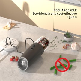 RECHARGEABLE - Gravity Electric Pepper and Salt Grinder Set, Adjustable Coarseness, With LED Light, One Hand Automatic Operation, (2 Pack Black)