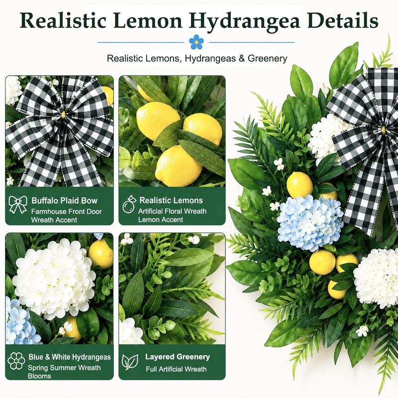 Lemon Wreath for Front Door, 22 Inch Artificial Hydrangea Wreaths