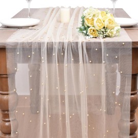 Table Runner Tulle with Beads, 80 x 200 cm, Chiffon Table Runner, Table Lace Tulle Fabric, Pearl Lace Tablecloth, Pearl Lace Tablecloth, for Parties, Weddings, DIY Creativity
