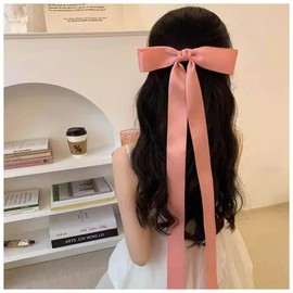 Xduargs Long Satin Silk Bow Hairclip Barrette Vintage Silk Satin Bow Hair Clip Long Tails Ribbon Bow Hairclip Pin Silky Satin Hair Bow Clips French Handmade Long Bow Hair Accessories for Women (Pink)
