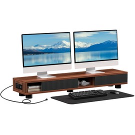 Artswish Dual Monitor Riser, Wood Monitor Stand with Drawer Storage,42.4 Inch Long Computer Monitor Stand Riser with 2 Adjustable Feet, Double Monitor Stand for Desk,Desk Shelf for monitor, Walnut