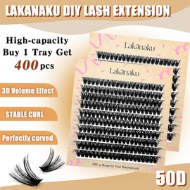 LAKANAKU Lash Clusters Wispy Fluffy Cluster Eyelash Extensions,400 PCS Individual Lashes Cluster 50D Diy Lash Extensions,10-16mm D Curl Lash Extension Clusters, Thin Band Volume Lash Clusters at Home