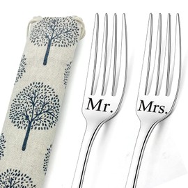 Mr and Mrs Forks, 2Pcs Letter Engraved Fork Dinner Forks Stainless Steel Wedding Forks with Bag Wedding Gifts for Couple, Boyfriend, Girlfriend Valentines Day Gift